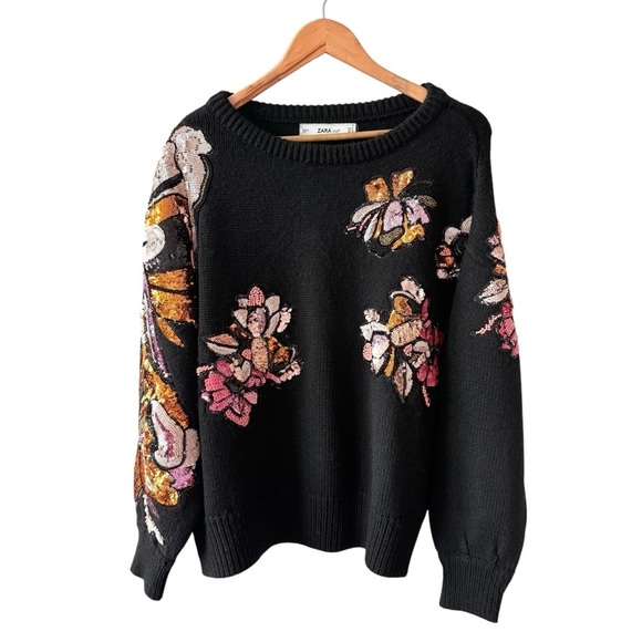 Zara Limited Edition Black Floral Sequin Sweater - Picture 1 of 15